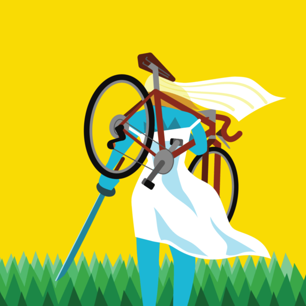 Illustration of a bride carrying a bike and wielding a sword.